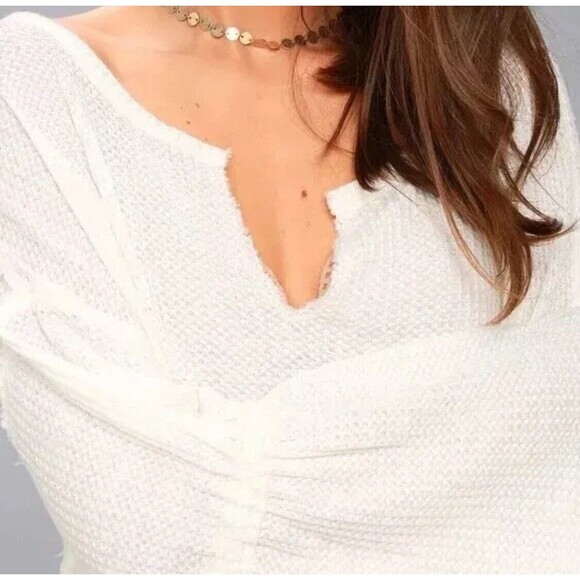 We The Free Waffle Knit Shirt Top Large Dahlia Thermal Long Bell Sleeve V-Neck - Picture 3 of 13